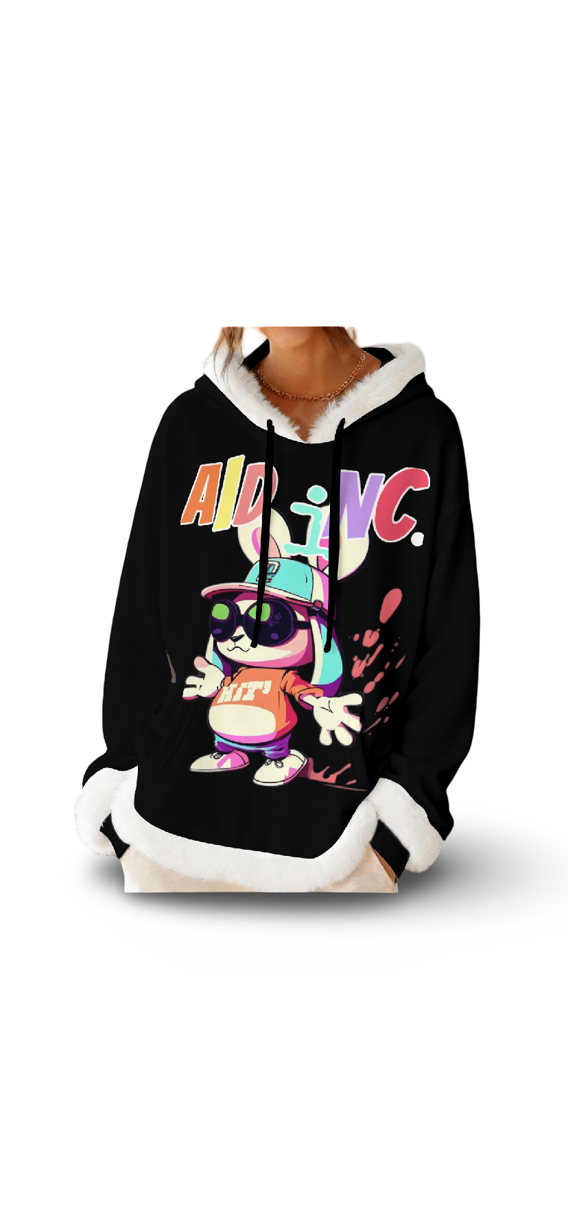 G Bunny Black Women's Fluffy Hoodie With Decorative Trim