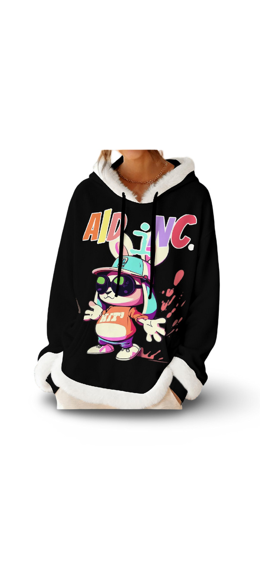 G Bunny Black Women's Fluffy Hoodie With Decorative Trim