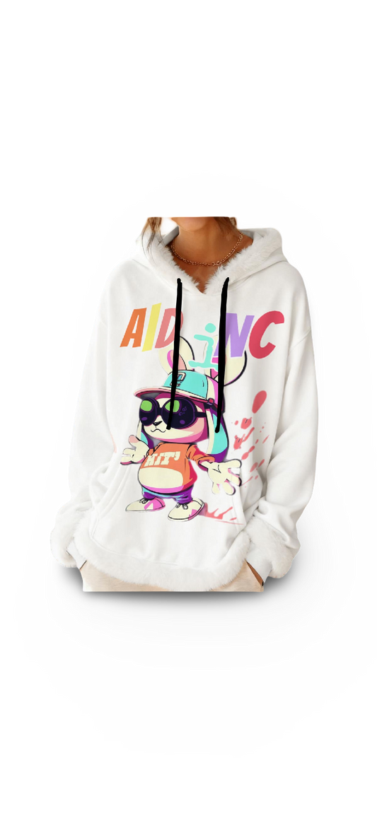 G Bunny Women's Fluffy Hoodie With Decorative Trim